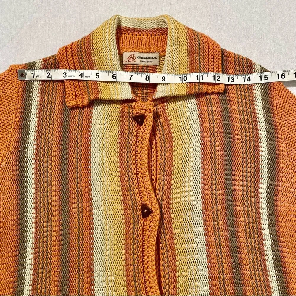 Vintage Genoa Orange Stripe Fringe Collared Cardigan Sweater M